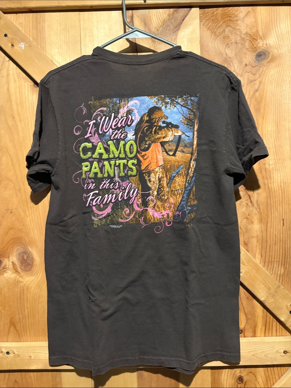 Women’s Brown Short-Sleeve Graphic Tee – Camo Pants Family Print